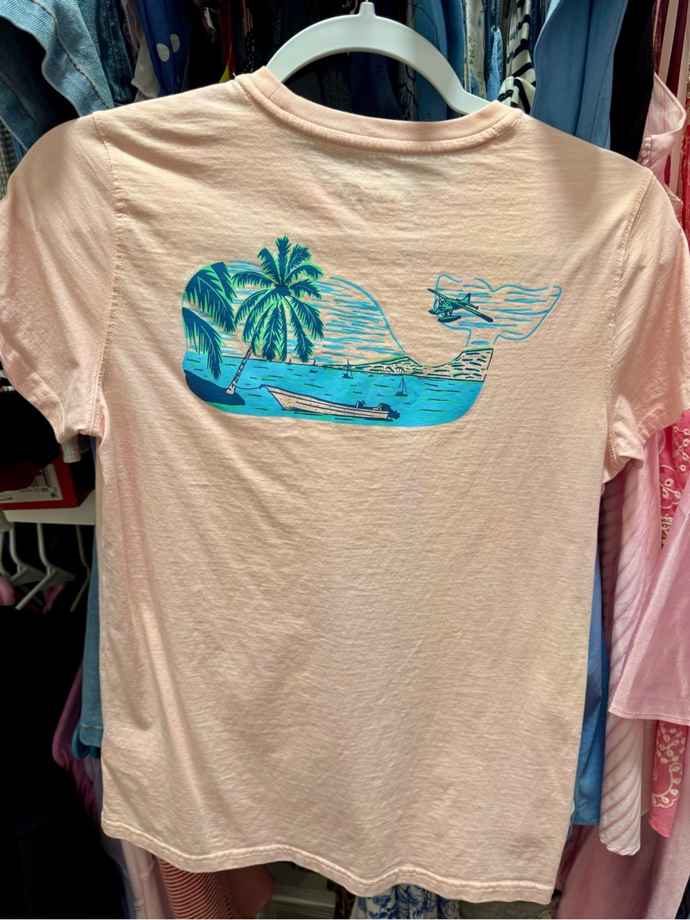 Vineyard Vines Pink Short Sleeve Tee with Blue Tropical Whale Logo